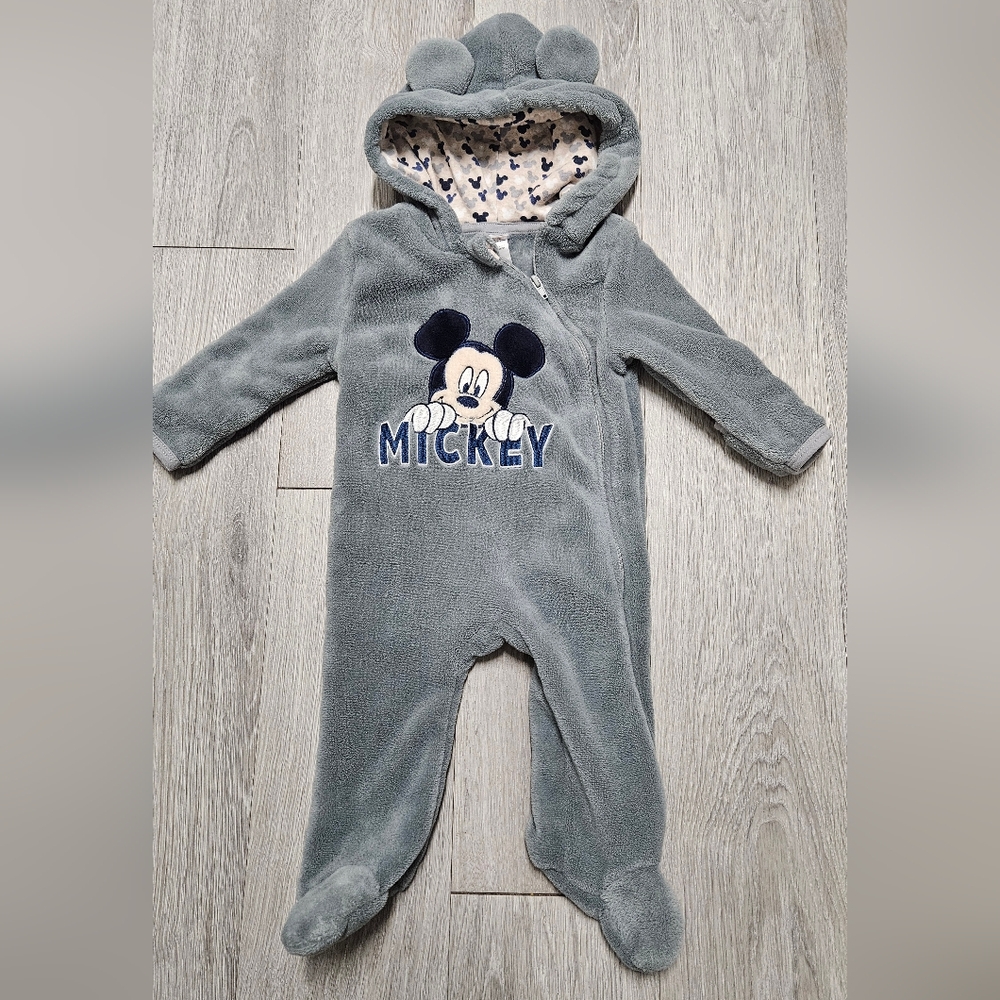 Disney Baby Mickey Mouse Gray Fleece Full Zip Hooded Pram Suit Size 6-9 Months